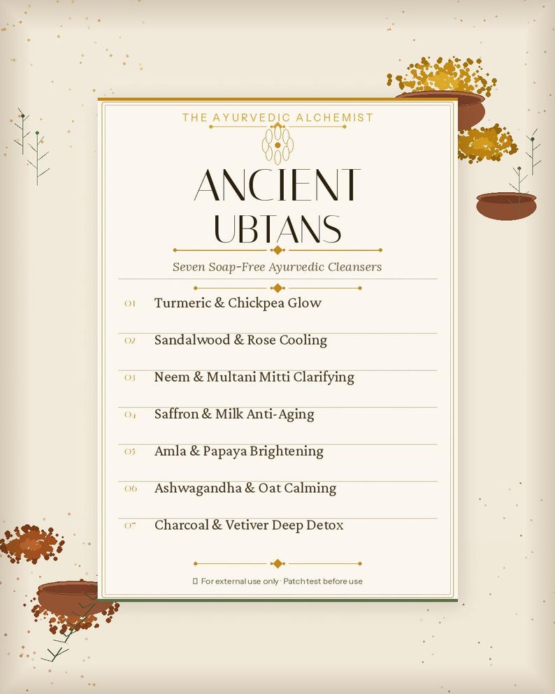 May include: A rectangular product label titled The Ayurvedic Alchemist Ancient Ubtans, listing seven soap-free cleansers: Turmeric & Chickpea Glow, Sandalwood & Rose Cooling, Neem & Multani Mitti Clarifying, Saffron & Milk Anti-Aging, Amla & Papaya Brightening, Ashwagandha & Oat Calming, and Charcoal & Vetiver Deep Detox.