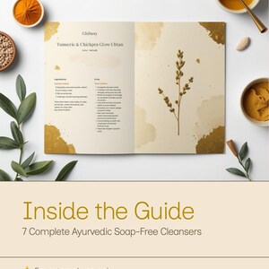 May include: An open informational guide titled Ancient Ubtans featuring Turmeric & Chickpea Glow Ubtan, surrounded by bowls of turmeric powder, chickpeas, and green sprigs. The text includes ingredients and instructions for Ayurvedic soap-free cleansers.