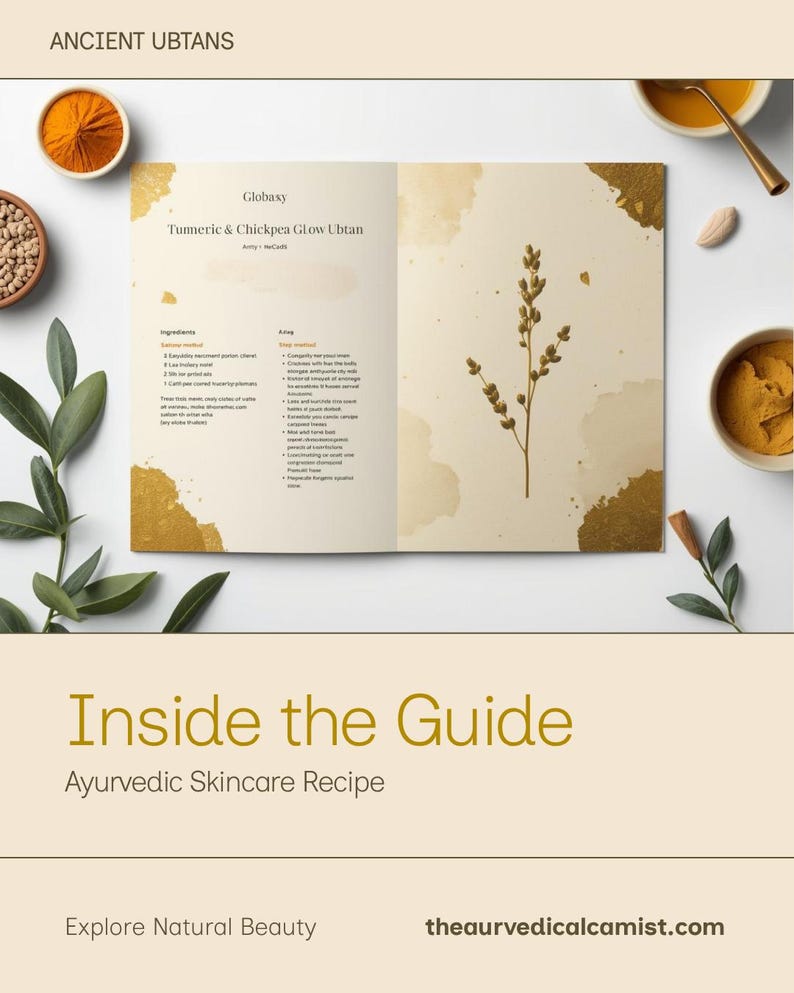 May include: An open booklet titled Tumeric & Chickpea GLow Ubtan with text detailing ingredients and steps, surrounded by bowls of turmeric powder, chickpeas, and green sprigs. The page features a botanical illustration and gold accents.