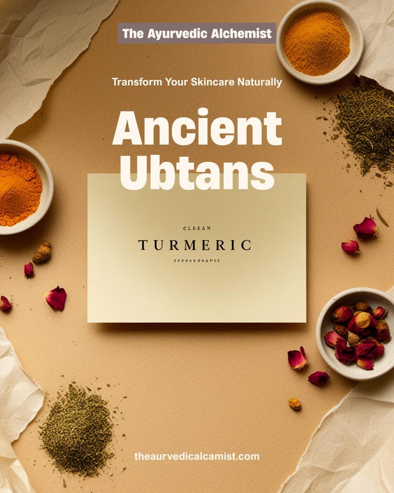 May include: A rectangular card labeled "CLEAN TURMERIC" surrounded by small white bowls containing orange turmeric powder, dried green herbs, and pink rose petals. Text on the image reads "The Ayurvedic Alchemist", "Transform Your Skincare Naturally", "Ancient Ubtans", and "theaurvedicalcamist.com".