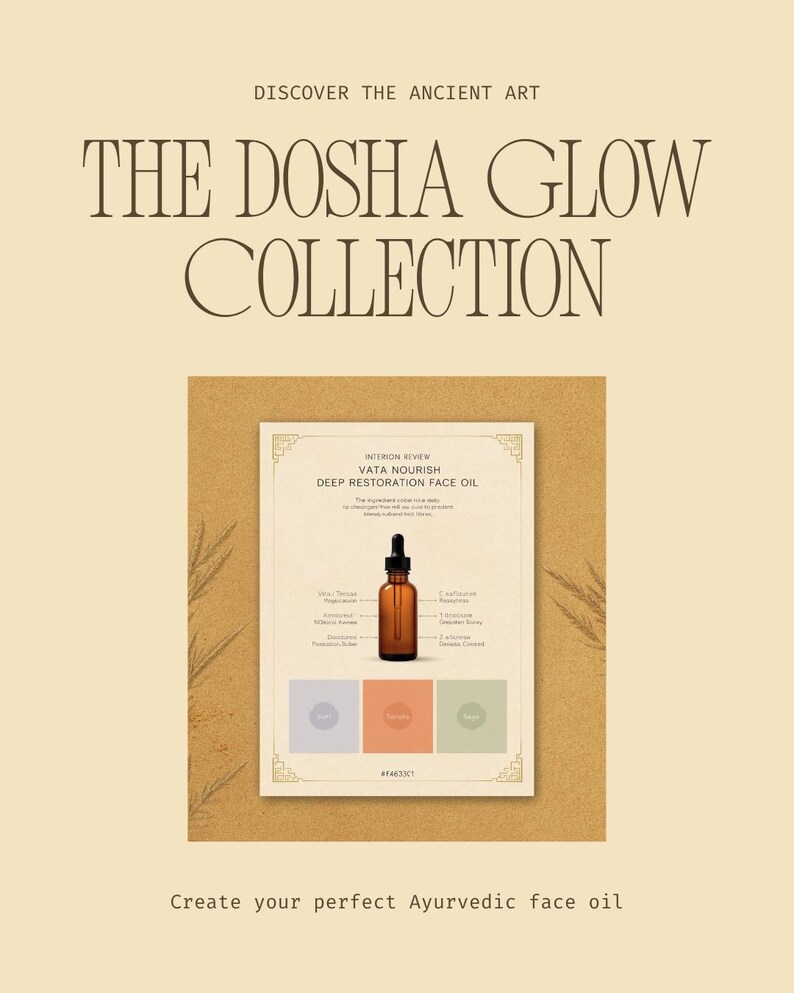 May include: A rectangular product card for The Dosha Glow Collection featuring a brown glass dropper bottle of Vata Nourish Deep Restoration Face Oil. The card includes text, botanical illustrations, and three color swatches in purple, orange, and green.