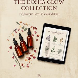 May include: Three amber glass dropper bottles containing face oil, arranged next to a tablet displaying a botanical information sheet titled The Ayurvedic Alchemist. Scattered dried flower petals and herbs surround the items on a beige background.