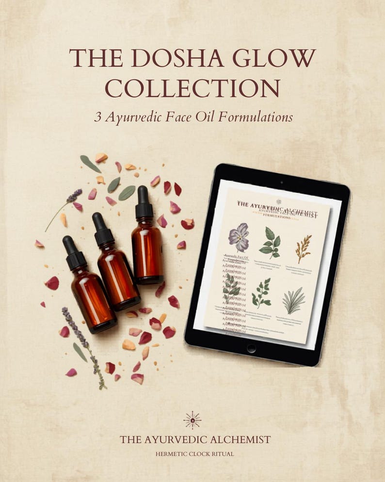 May include: Three amber glass dropper bottles containing face oil, arranged next to a tablet displaying a botanical information sheet titled The Ayurvedic Alchemist. Scattered dried flower petals and herbs surround the items on a beige background.