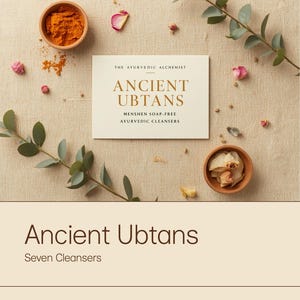 May include: A rectangular product card labeled The Ayurvedic Alchemist Ancient Ubtans Henshen Soap-Free Ayurvedic Cleansers, surrounded by a small bowl of orange powder, a bowl of dried flower petals, and green eucalyptus sprigs on a beige surface.