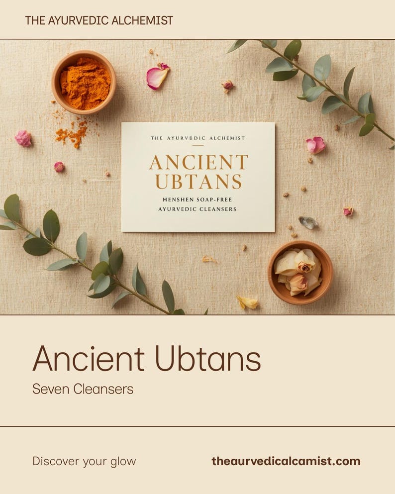 May include: A rectangular product card labeled The Ayurvedic Alchemist Ancient Ubtans Henshen Soap-Free Ayurvedic Cleansers, surrounded by a small bowl of orange powder, a bowl of dried flower petals, and green eucalyptus sprigs on a beige surface.