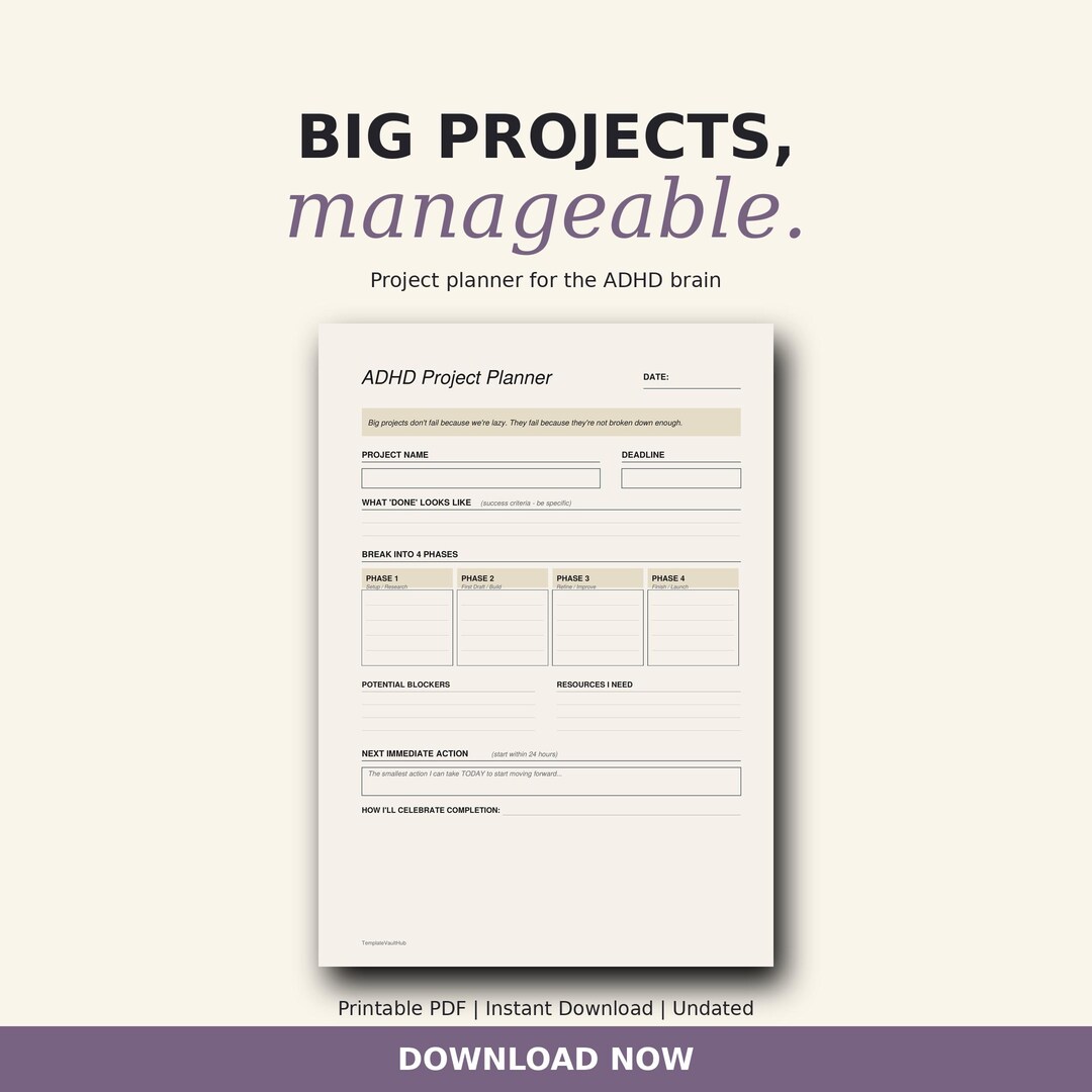ADHD Project Planner Printable PDF | Manage Big Projects (instant ...