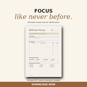 ADHD Focus Timer Log | Pomodoro Tracker for Adults (Printable PDF)