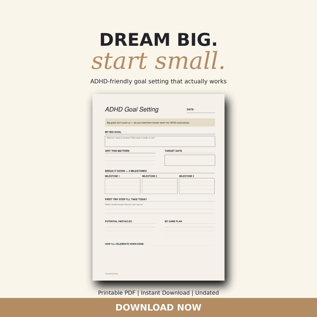 ADHD Goal Setting Planner | Printable Adult Tracker (PDF Download) - Etsy