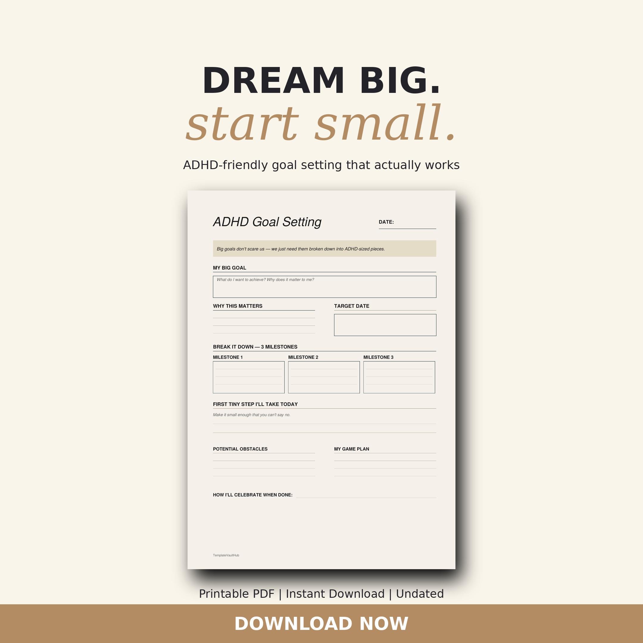 ADHD Goal Setting Planner | Printable Adult Tracker (PDF Download) - Etsy