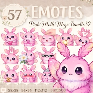 May include: A digital art bundle featuring 57 pink moth emotes. The emotes display various expressions and actions, including holding a heart, using a phone, and wearing sunglasses. Text includes "57 EMOTES" and "Pink Moth Mega Bundle".