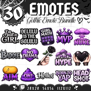 Può includere: Un pacchetto di arte digitale con 30 emote a tema gotico. Le emote includono testo come "Girl Math", "Baddie" e "Nuke", insieme a varie illustrazioni in viola, nero e bianco. Il pacchetto include dimensioni di 28x28, 56x56 e 112x112 pixel.