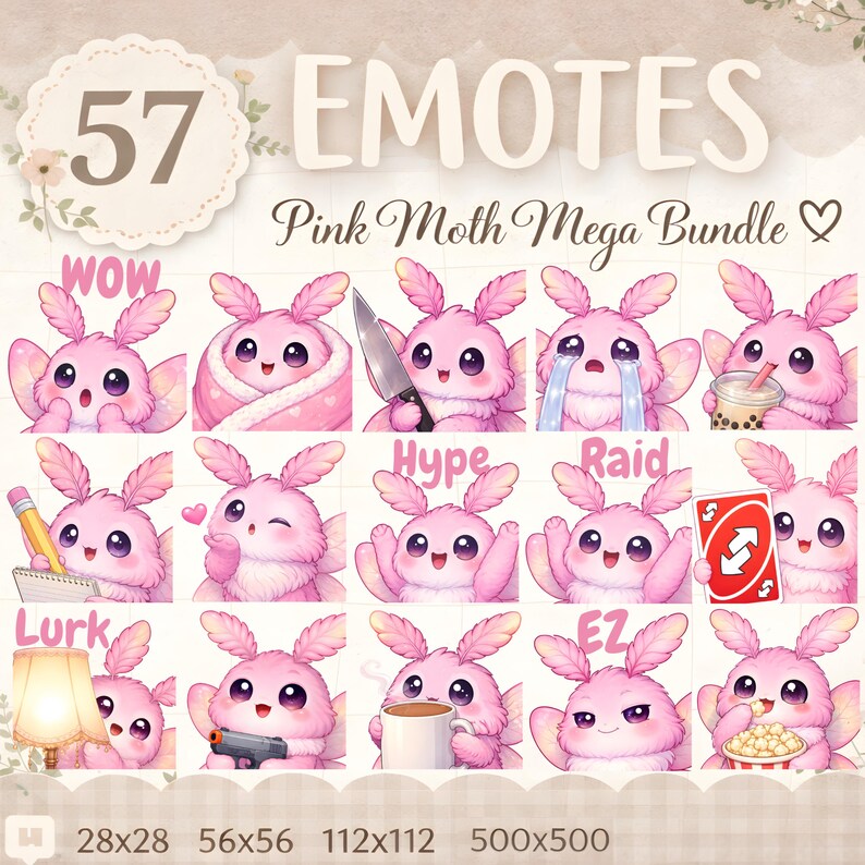 Moth Emotes 57 Kawaii Pink Moth Emotes Mega Bundle, Cottagecore Emotes, Moth Emotes ...