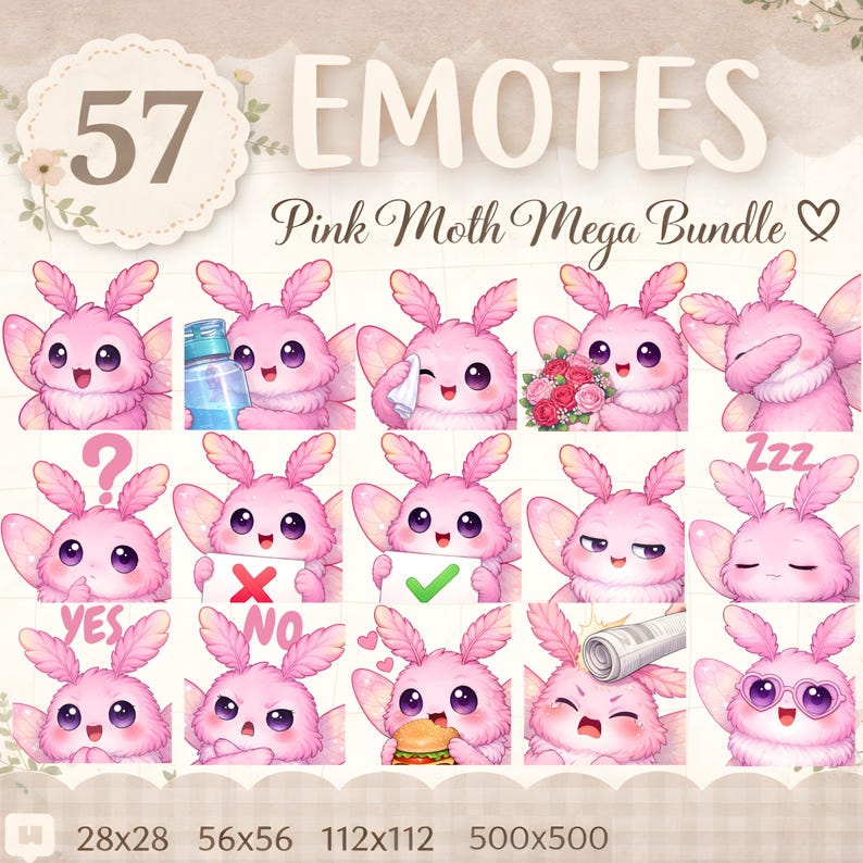 Moth Emotes 57 Kawaii Pink Moth Emotes Mega Bundle, Cottagecore Emotes, Moth Emotes ...