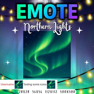 Könnte beinhalten: Digitalgrafik mit dem Wort "EMOTE" in einem Farbverlauf und "Northern Lights" in weißer Schrift. Das Bild zeigt eine Darstellung der Nordlichter in Grün- und Blautönen, mit Sternen und Lichterketten.