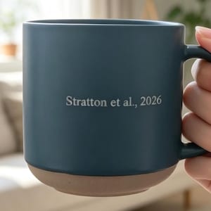 Könnte beinhalten: Eine tealfarbene Keramiktasse mit beigem Boden wird gehalten. Die Tasse hat eine zylindrische Form und einen schwarzen Henkel. Der Text "Stratton et al., 2026" ist auf der Seite aufgedruckt. Die Tasse befindet sich in einem hellen Raum.