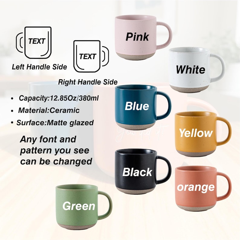 May include: A collection of ceramic mugs in various colors, including pink, white, blue, yellow, black, orange, and green. Each mug has a matte glazed surface and a capacity of 12.85 ounces (380ml). The text "Pink", "White", "Blue", "Yellow", "Black", "orange", and "Green" are printed on the mugs.