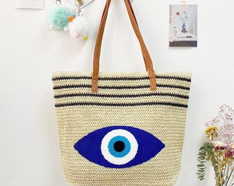 Borsa tote in paglia con occhio di Allah, grande borsa a righe intrecciata da spiaggia per le vacanze