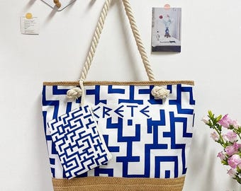 Borsa tote geometrica blu e bianca greca, borsa a tracolla grande per vacanze al mare con pochette