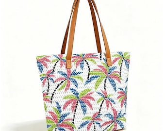 Bolso de mano de paja con diseño de palmeras coloridas, bolso de hombro grande tejido.