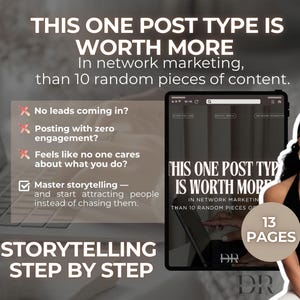 Puede incluir: Un gráfico de marketing digital con el texto "ESTE TIPO DE PUBLICACIÓN VALE MÁS" y una mujer. La imagen también incluye una computadora portátil, una tableta que muestra una página web y las palabras "STORYTELLING PASO A PASO".