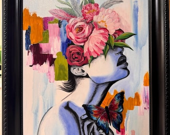 Niña con flores abstracta. Óleo sobre lienzo de 16x20 pulgadas. Marco negro de 3 pulgadas.