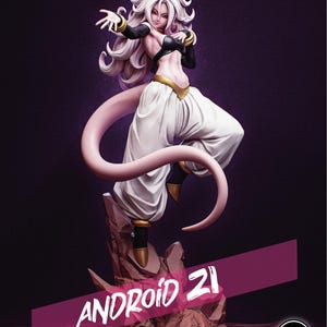 May include: A collectible figurine of the character Android 21 with long white hair, red eyes, and a pink tail. The figure wears a black top, white baggy trousers with a gold waistband, and black boots with gold accents, standing on a rocky base with text reading ANDROID 21.