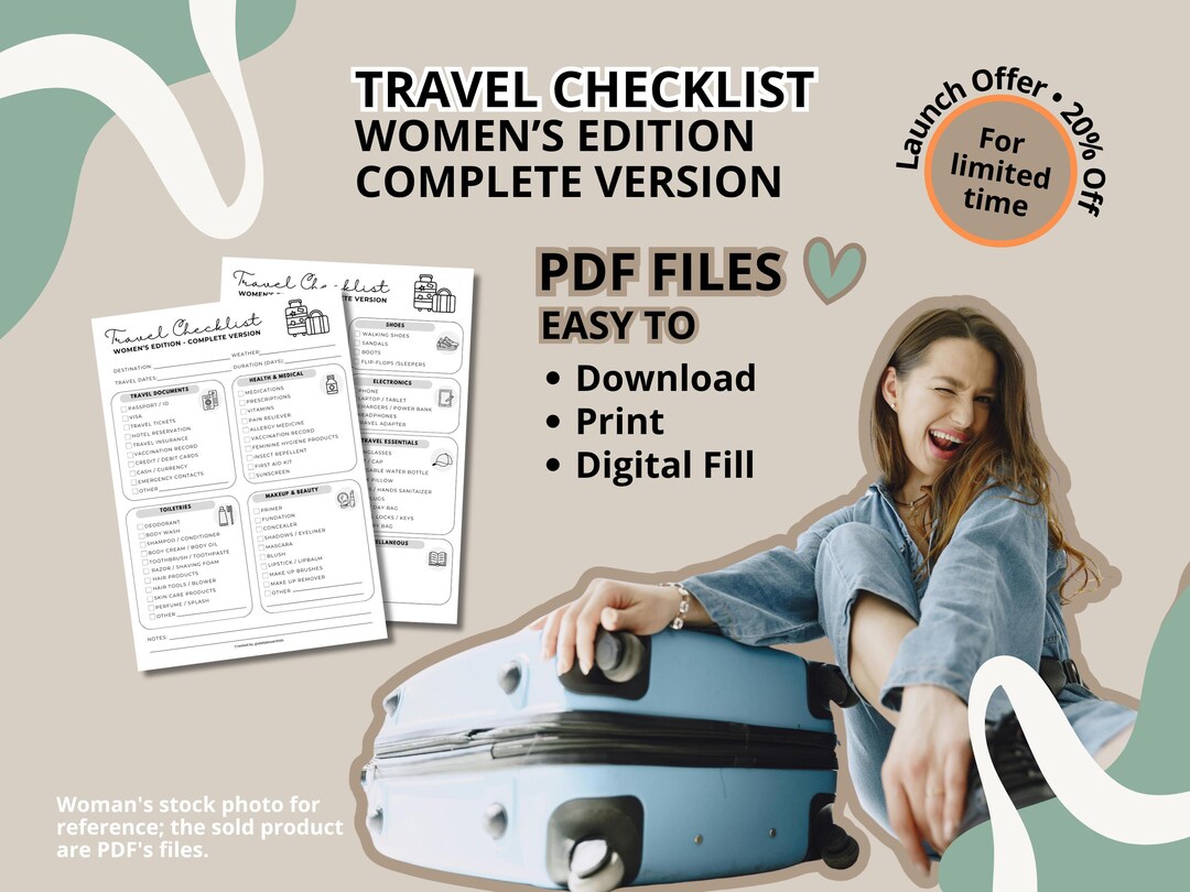 Women's Travel Checklist, Printable Fillable Packing List PDF (long ...