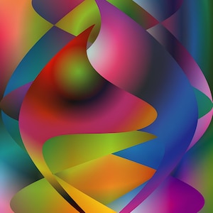 Könnte beinhalten: Abstrakte digitale Kunst mit einer lebendigen Farbpalette. Das Bild zeigt fließende, geschwungene Formen in Rot-, Orange-, Gelb-, Grün-, Blau- und Lilatönen. Das Design hat einen Farbverlaufseffekt, der ein Gefühl von Tiefe und Bewegung erzeugt.