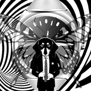 May include: Black and white digital art featuring a dachshund wearing a suit and tie, with a butterfly design on a watch face. The background has a black and white striped tunnel effect, creating a surreal and eye-catching design.