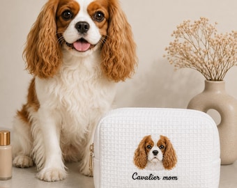 Pochette per il trucco personalizzata, astuccio cosmetico personalizzato, beauty case in seersucker, ritratto di animale domestico ricamato, regalo per amanti dei cani, regalo per amanti dei gatti