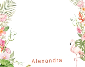 Personalized Tropical Flamingo Notecards, Palm Beach Stationery, Custom Name Flat Note Cards, Preppy Coastal Floral Thank You Cards