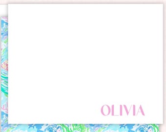 Personalized Mermaid Stationery Set: Coral Reef Pattern Notecards, Palm Beach Style