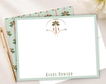 Retro Miami Notecards, Art Deco Monogram Palm Tree Design, Nostalgic Stationery Gift Set