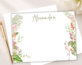 Personalized Flamingo Tropical Notecards, Watercolor Floral Stationery, Palm Beach Coastal Thank You Cards