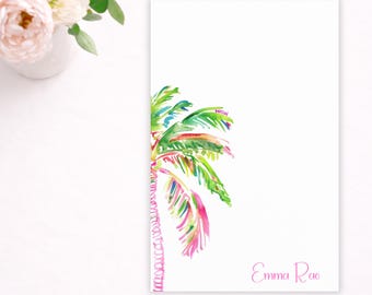 Personalized Palm Tree Notepad | Watercolor Tropical Stationery, Pink Green Leaves
