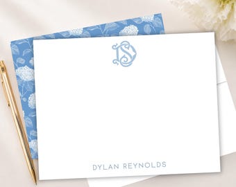 Hydrangea Monogram Notecard, Personalized Floral Stationery, Custom Name Printed Flat Note Cards