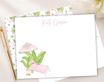 Personalized Tropical Notecard, Pink Green Palm Beach Stationery, Grandmillennial Style