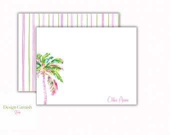 Personalized Palm Stationery Beach Theme Tropical Notecard Custom Design Watercolor Card Pink Green Coastal Stationey Set