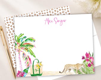 Personalized Tropical Leopard Notecard, Summer Bougainvillea Stationery, Beach Lover Gift Set, Hostess Gift