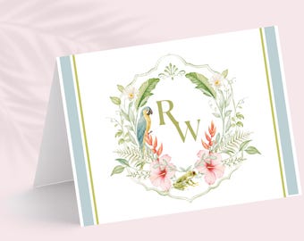 Tropical Botanical Folded Thank You Card, Palm Beach Monogram Stationery