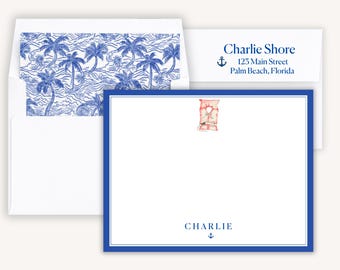 Personalized Nautical Notecard , Preppy Kids Stationery, Coastal Palm Beach Style, Boys Thank You Cards,