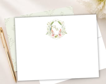 Personalized Crest Notecards, Tropical Monogram Stationery Set, Botanical Note Cards with a Frog and Parrot Design