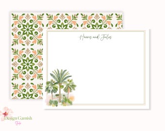 Personalized Mediterranean Notecard Set, Moroccan Palm Tree Stationery, Coastal Thank You Notes