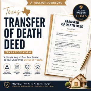 Texas Transfer on Death Deed Form PDF | TODD Texas Template | Avoid Probate | Fillable Printable Deed Form | Estate Planning Texas