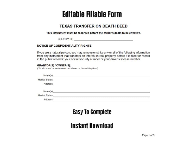 Todd Form.pdf Texas Transfer on Death Deed Template | TODD Form | Fillable PDF ...