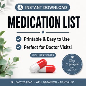 Printable Liste der Medikamente | Medizinischer Meldebogen | Arztbesuch Organizer Rezept-Tracker | Pflegekraft Printable
