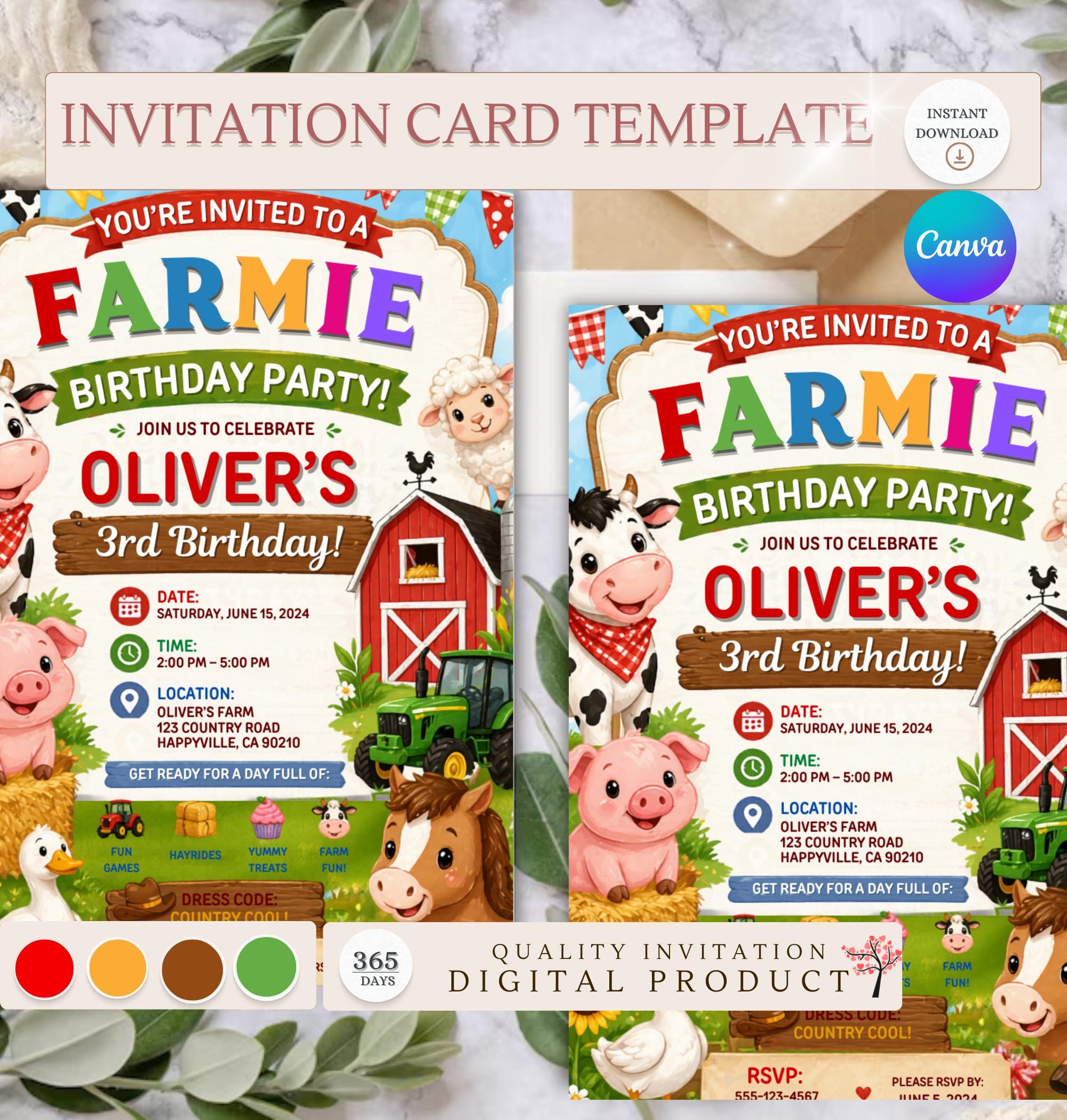 Farm Birthday Invitation Canva Template, Cute Farm Animals Party Invite ...