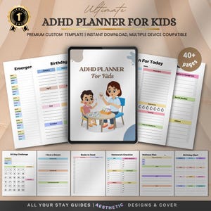 Könnte beinhalten: Ein ADHS-Planer für Kinder, mit einem Tablet, das das Cover und mehrere offene Seiten anzeigt. Auf dem Cover steht "ADHD Planner For Kids". Zusätzliche Seiten umfassen eine Geburtstagstabelle, eine Hausaufgaben-Checkliste und einen Wellnessplan. Der Text "Ultimate ADHD Planner For Kids" steht oben.