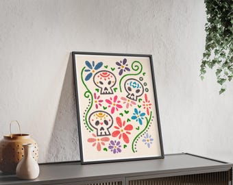 Pôster com estampa floral de caveira mexicana e moldura de madeira | Arte de parede para o Dia dos Mortos
