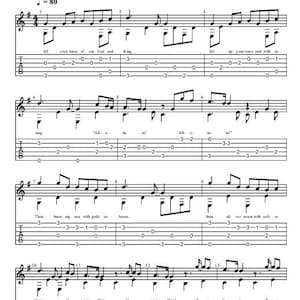 Peut inclure: Partition de l'hymne "All Creatures of Our God and King" avec des instructions d'accordage standard. La notation musicale comprend la clé de sol, les notes et les tablatures de guitare. Le texte de la chanson est également inclus.